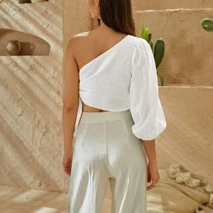 One Shoulder Puff Sleeve Knot Crop Top XS